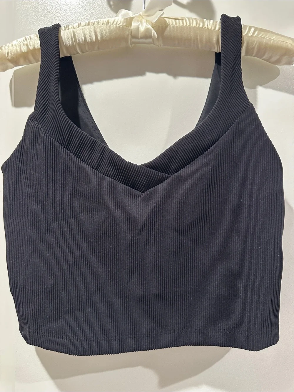Beyond Yoga Black Ribbed V-Neck Tank with Tonal Monogram
